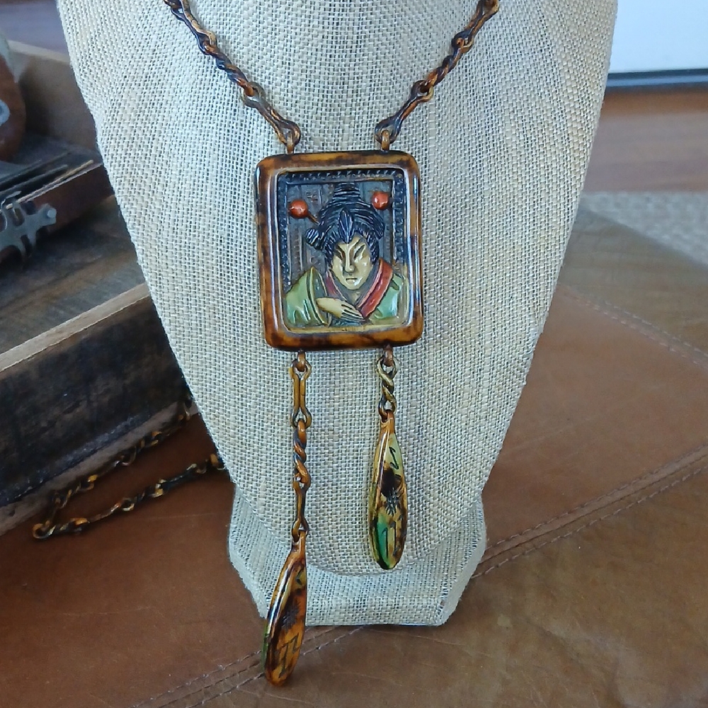 Antique Carved Celluloid Flapper Length Kimono Necklace